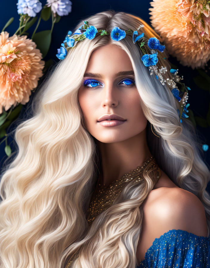 Blonde woman with blue eyes and floral headpiece in flower-filled setting