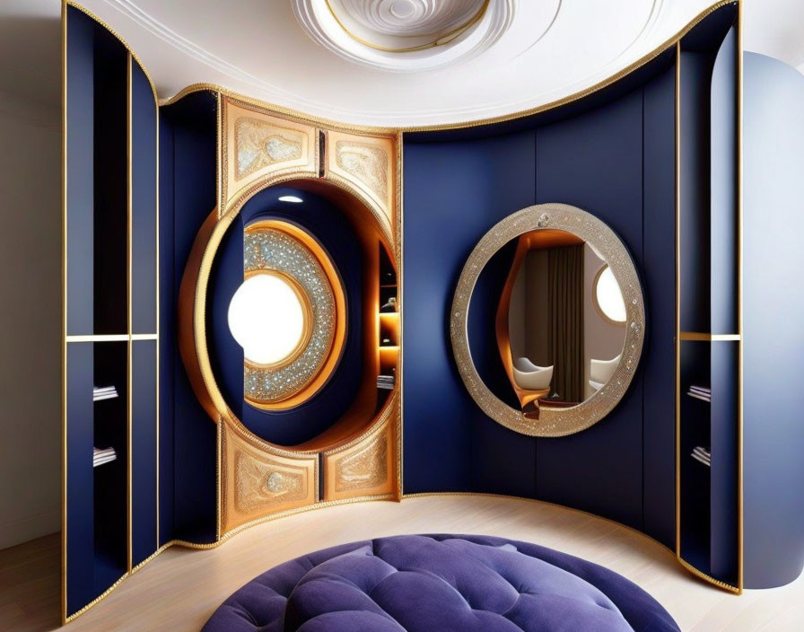 Luxurious Room with Circular Blue and Gold Door and Cozy Nook