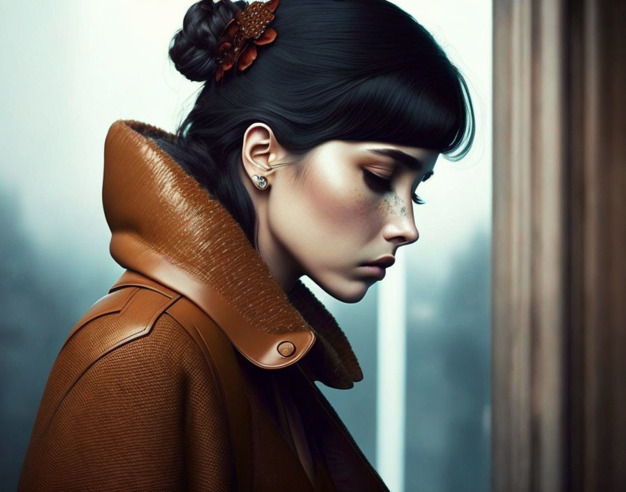 Profile of woman with hair bun and freckles in brown coat, contemplative expression.