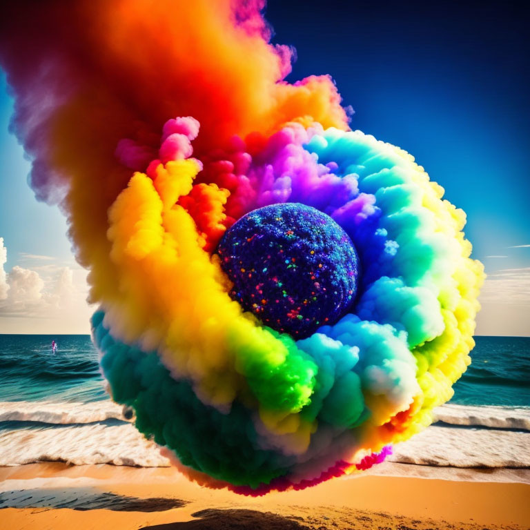 Colorful rainbow cloud over dark sphere in beach scene