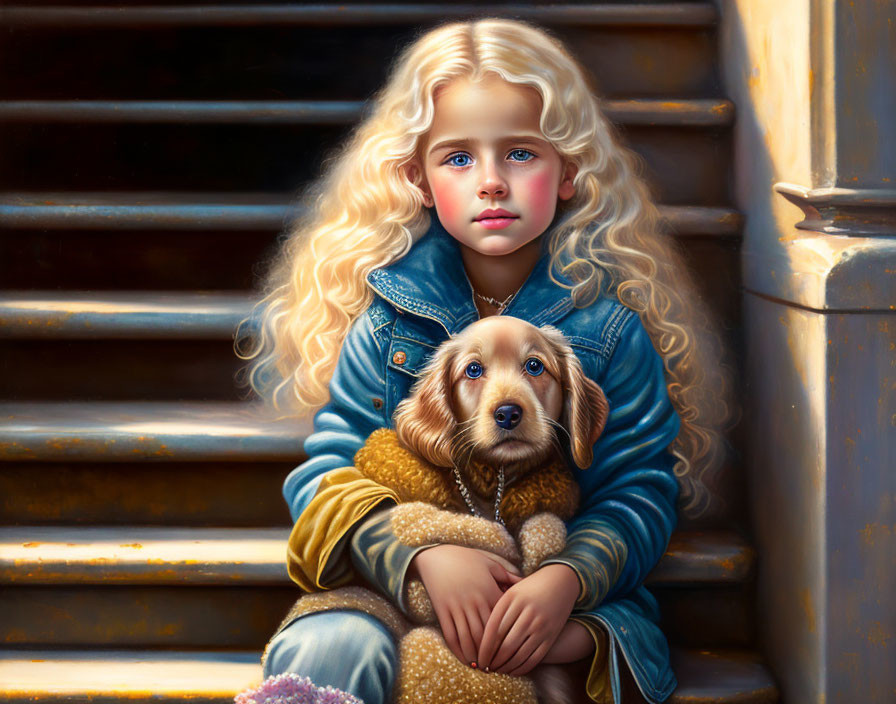 Blonde girl with blue eyes holding brown puppy on stairs