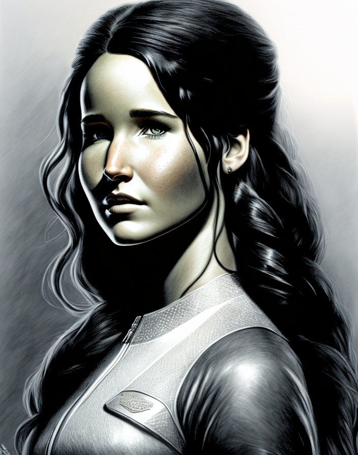 Monochromatic illustration of a young woman in futuristic attire