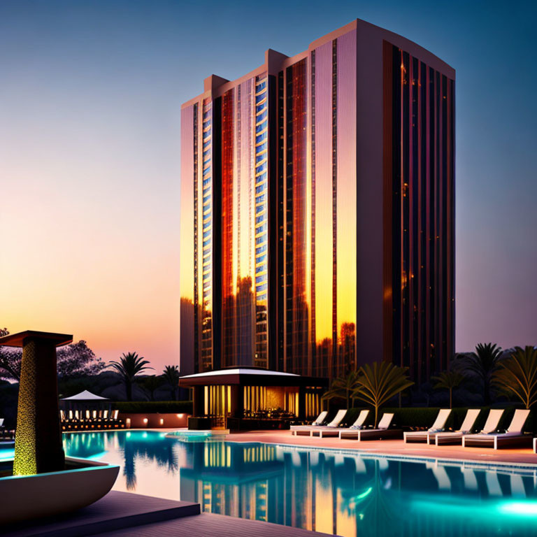 Urban skyscraper and pool at sunset.