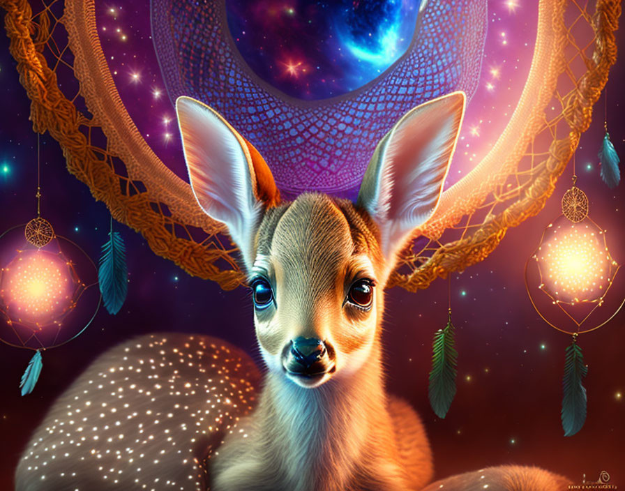 Illustration of whimsical fawn in cosmic setting with dreamcatcher and lanterns