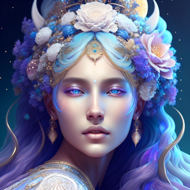 Portrait of Woman with Blue Hair and Glowing Blue Eyes in Floral Crown