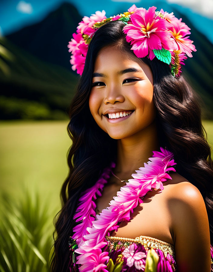 Smiling woman with floral headpiece and lei against green mountains