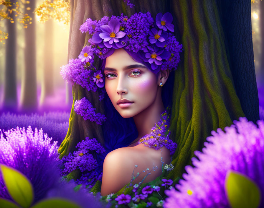 Mystical woman with purple flowers in hair in lilac forest scene