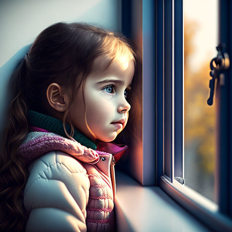 Young girl with long brown hair looking out window in pink vest and green scarf