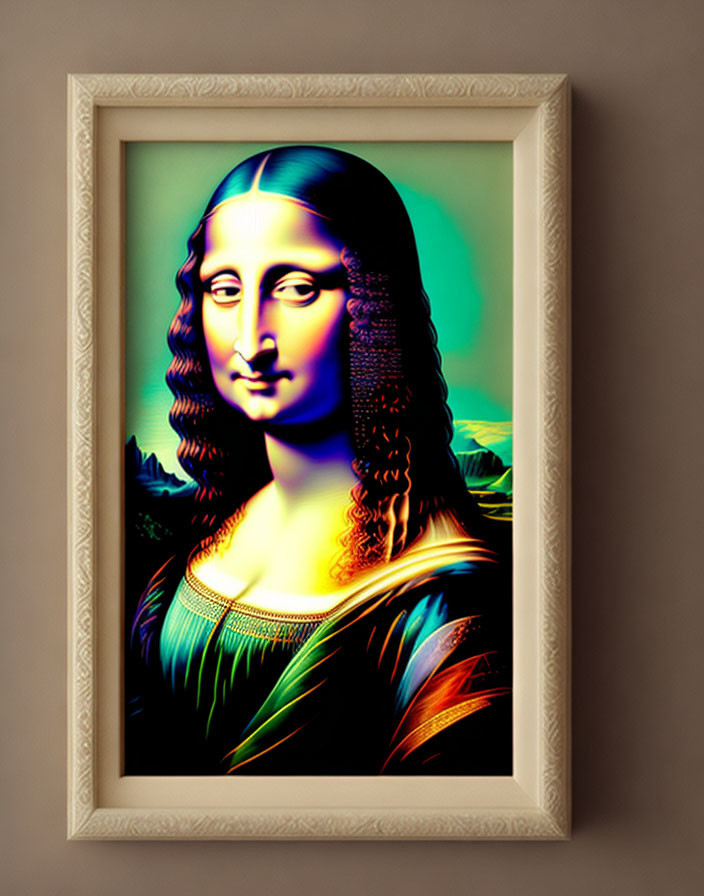 Vibrant holographic Mona Lisa in gradient effect, framed on grey wall