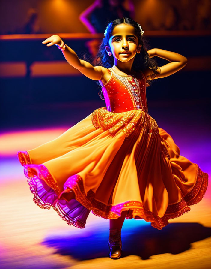 Young girl in orange dance dress striking graceful pose on warmly lit stage