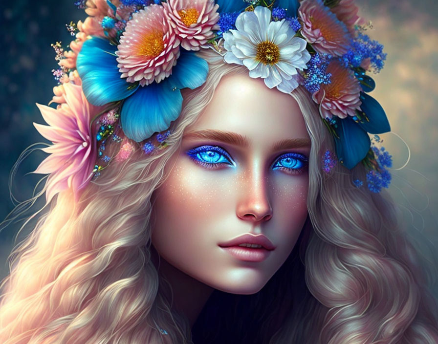 Digital Artwork: Woman with Blue Eyes & Floral Crown