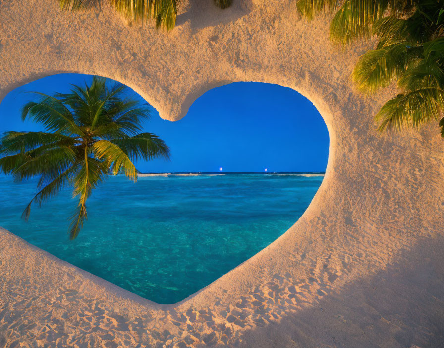 Tropical beach view through heart-shaped opening at twilight