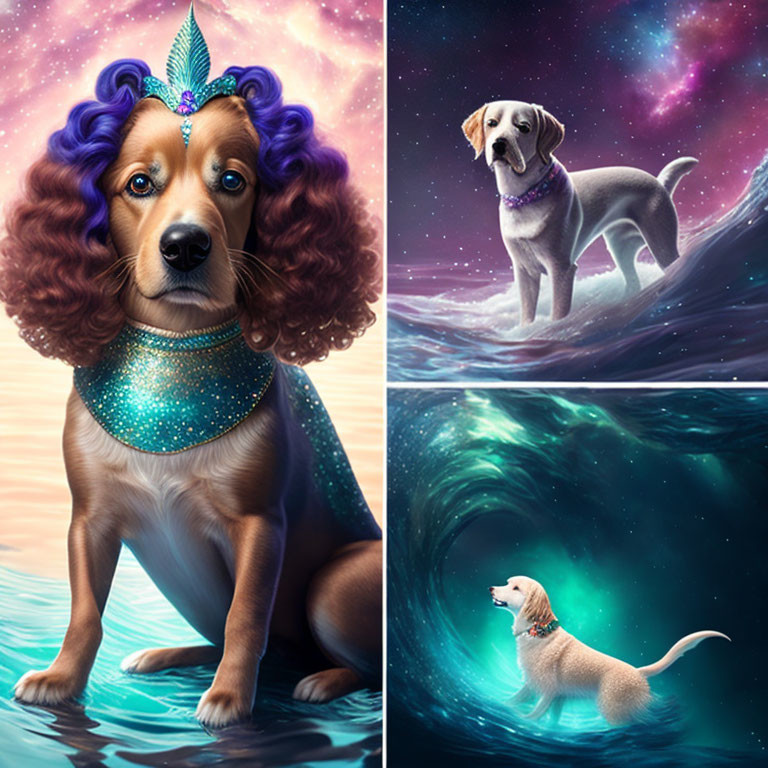 Whimsical dog collage in fantastical settings