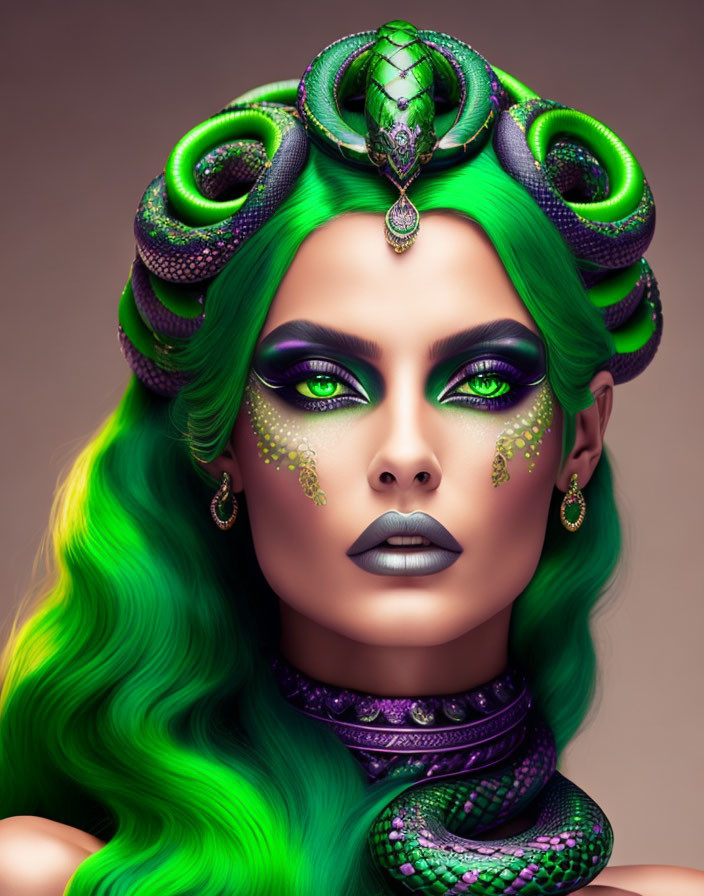 Vibrant green hair woman with snake-themed makeup and headdress