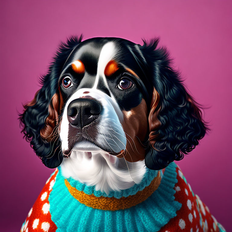 Monochrome dog in vibrant sweater on pink backdrop