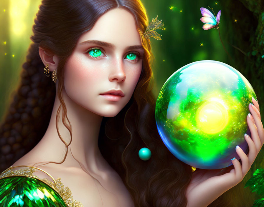 Fantasy illustration of woman with green eyes holding orb in magical forest