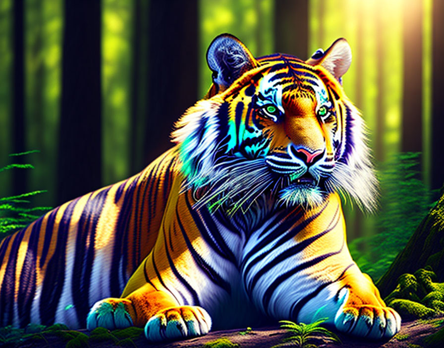 Colorful Tiger Illustration in Lush Forest Light