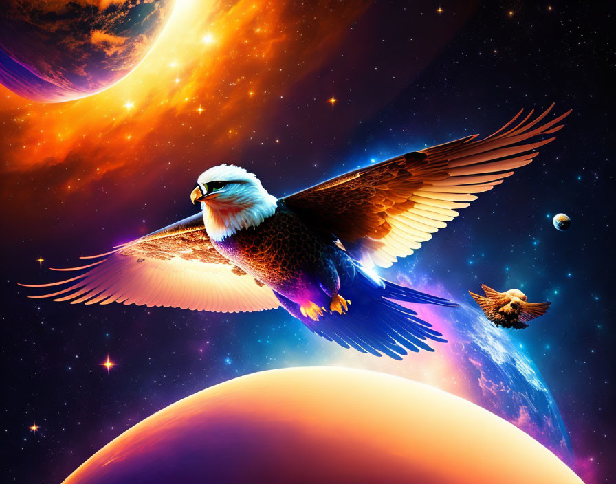 Colorful digital artwork: Eagles flying in cosmic landscape