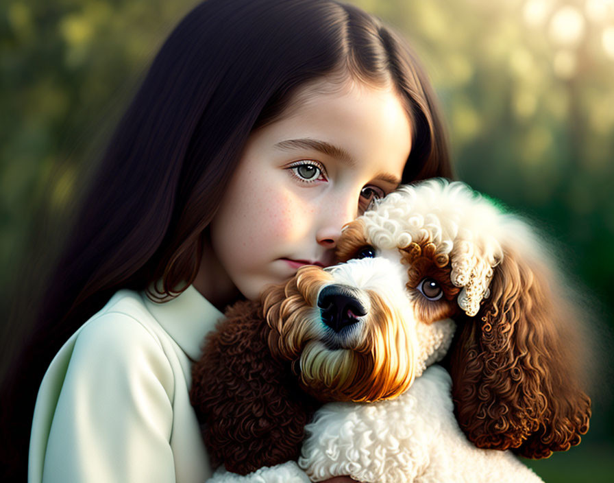 Young girl with dark hair hugging fluffy dog in sunny nature scene