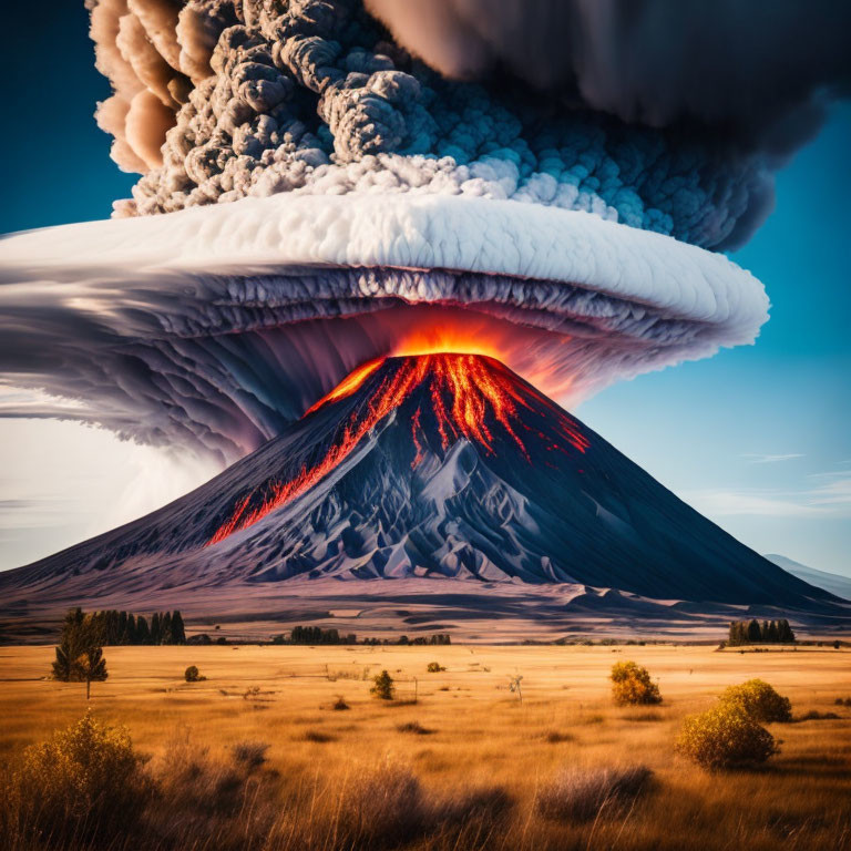 Massive volcanic eruption with flowing lava and towering ash plume against clear blue sky.