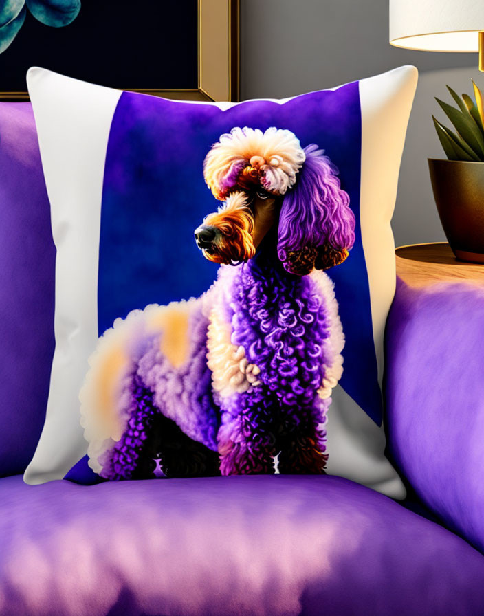 Stylish Poodle Print Decorative Pillow on Purple Couch