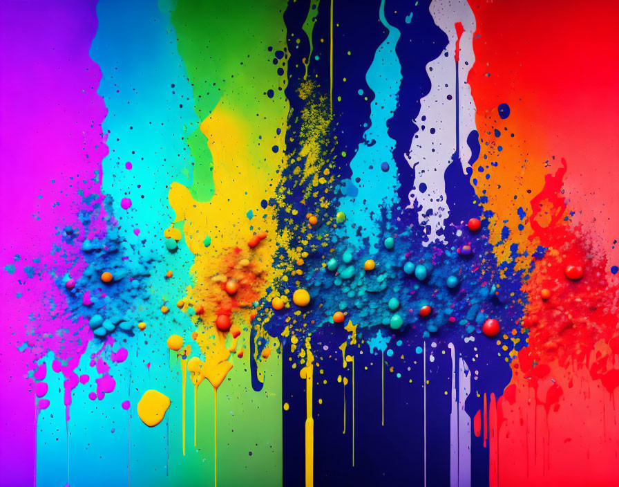 Multicolored Paint Splatter on Rainbow Gradient Background