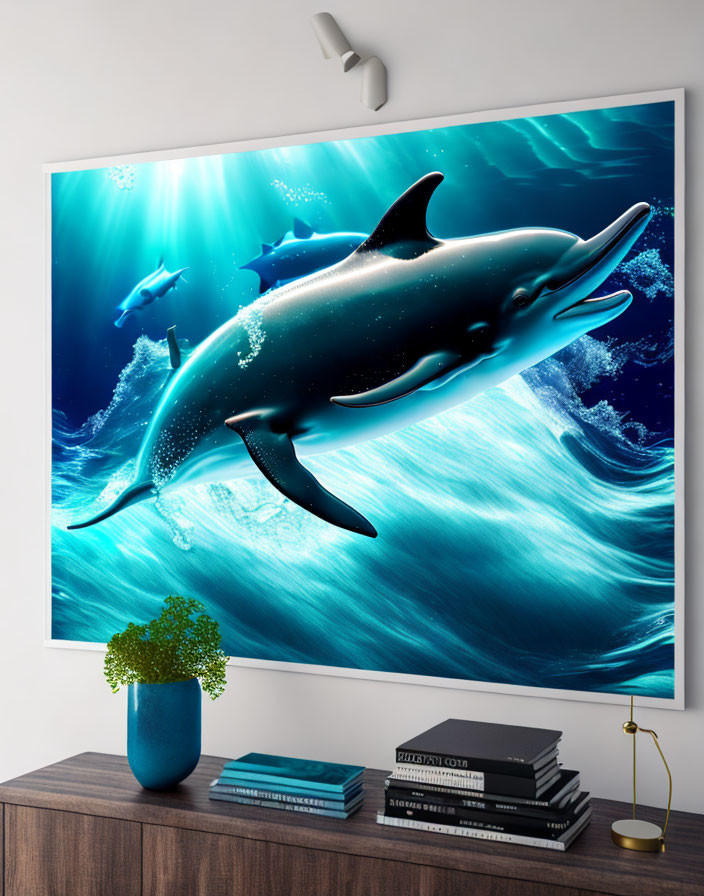 Underwater Dolphin Art Poster Above Modern Sideboard