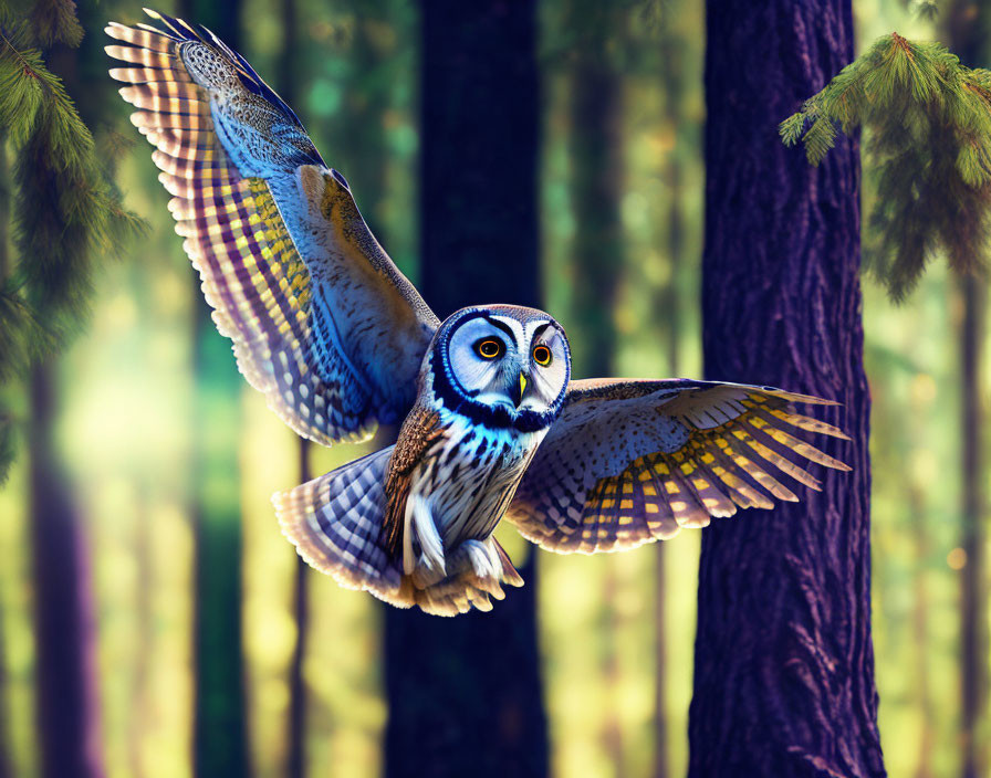 Majestic owl soaring amidst tall pine trees