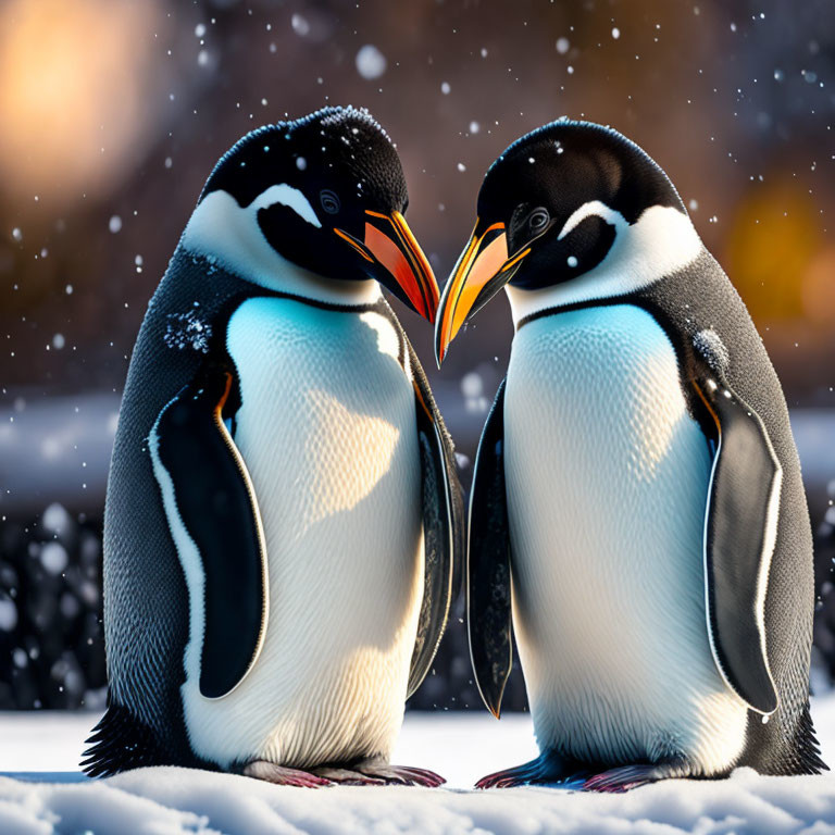 Affectionate penguins in snowy landscape with falling snowflakes