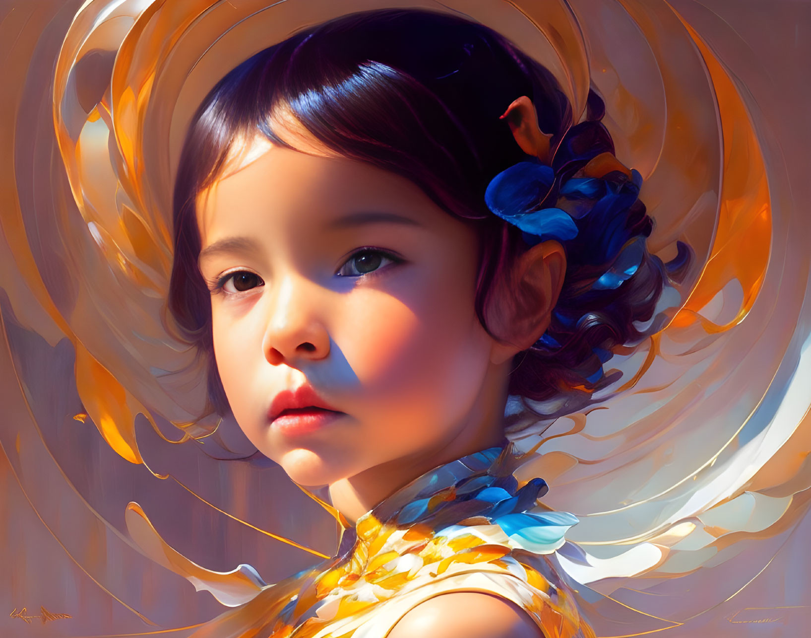 Serene young girl portrait with warm tones and blue butterfly accents