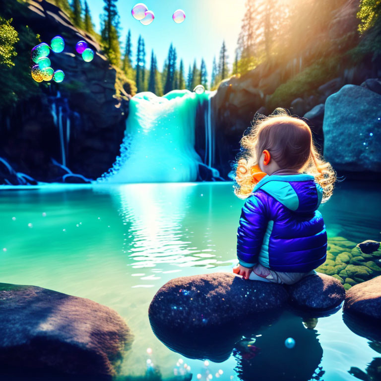 Child by Vibrant Waterfall with Sunlight and Bubbles