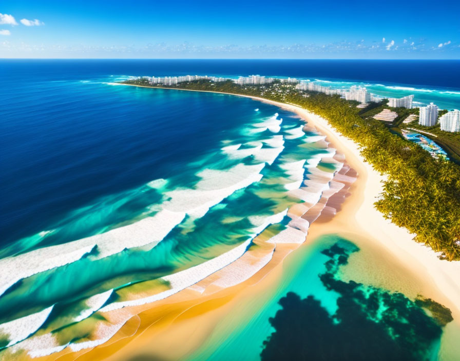 Sunlit tropical beach with turquoise waves and modern buildings.