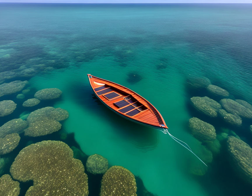 Wooden Boat Floating on Clear Water Above Seabed with Green Algae-Covered Stones