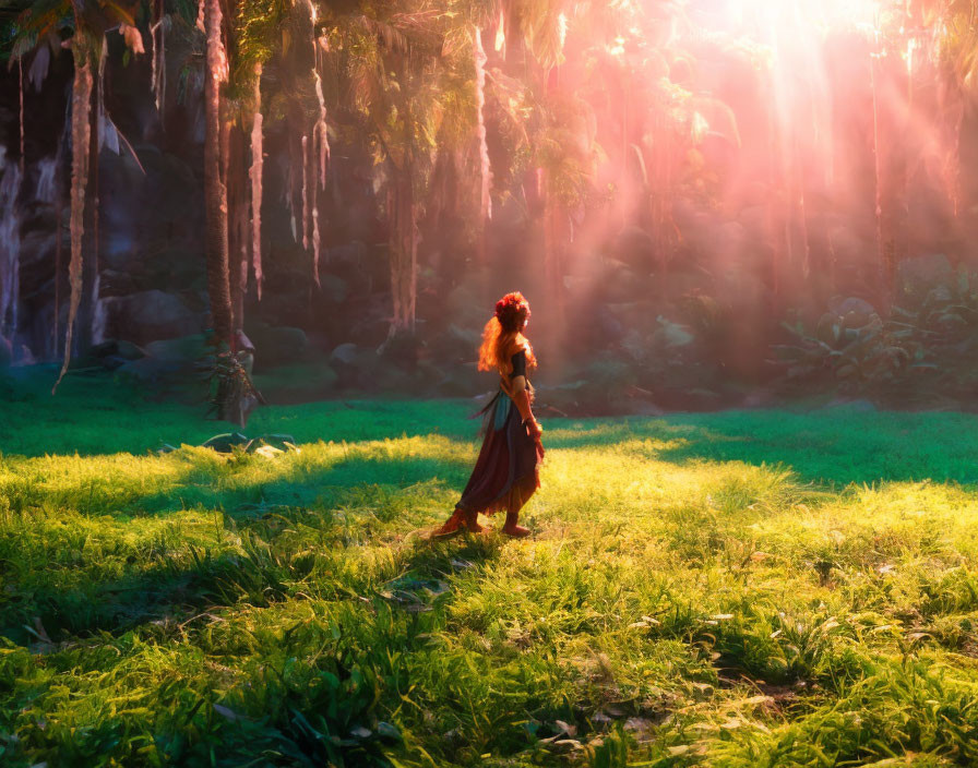 Woman in Red Dress Walking Through Sunlit Misty Forest