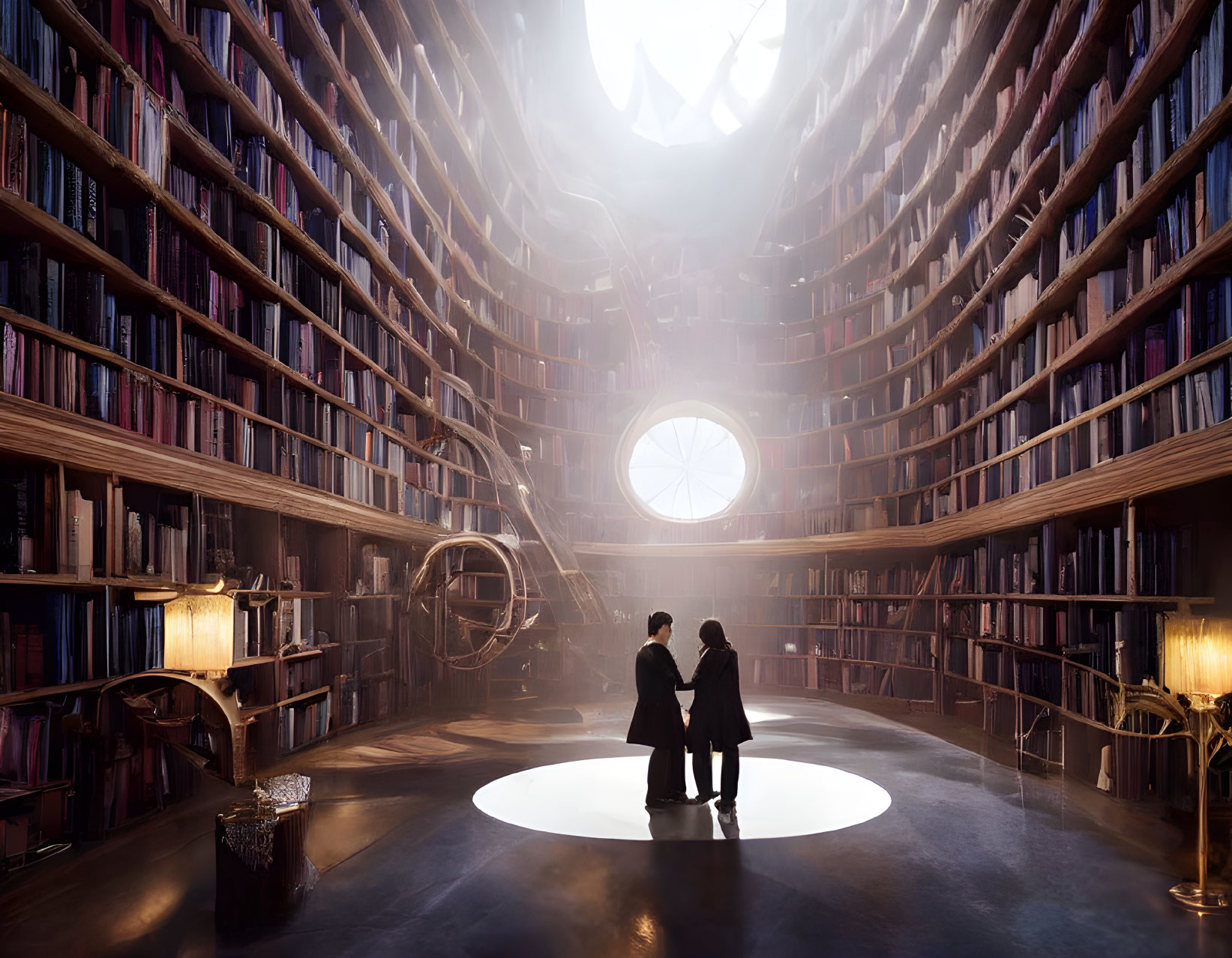 Circular library with towering bookshelves and spiral staircase.