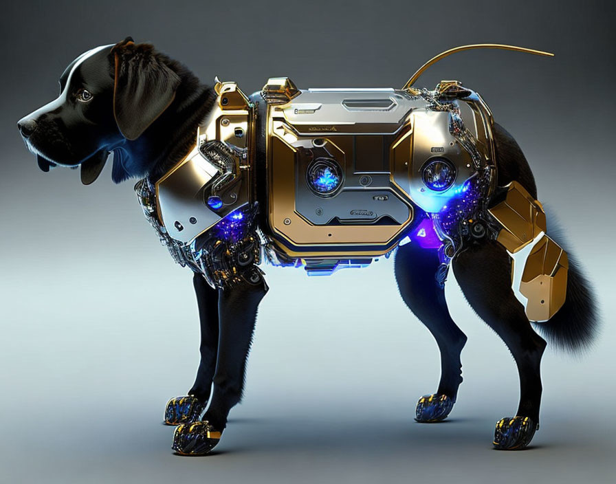 Cybernetic Dog with Mechanical Body and Natural Head in Gold and Silver Tones