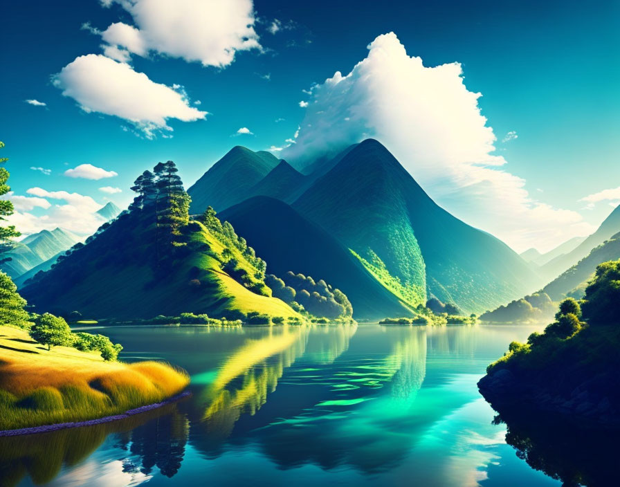 Tranquil lake reflects verdant mountains under clear blue sky