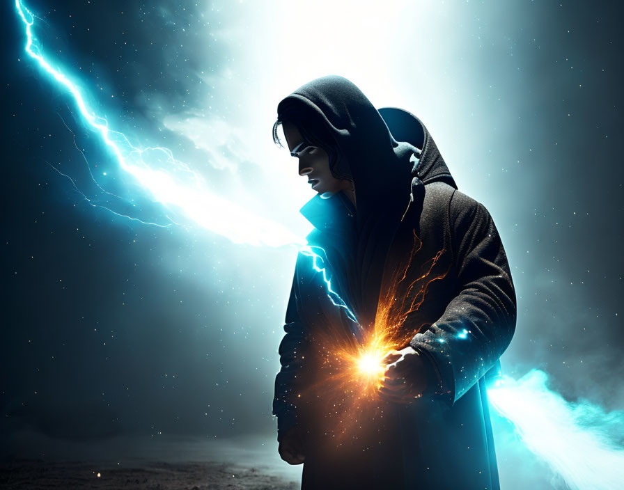 Cloaked Figure with Bright Energy Source and Lightning in Night Sky