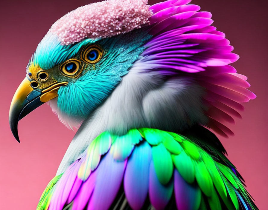 Colorful Bird with Blue, Green, and Pink Feathers on Magenta Background