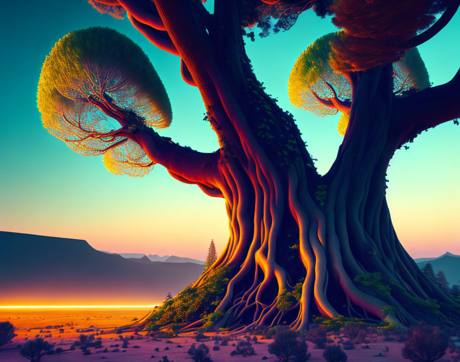 Surreal landscape with giant twisted tree and yellow cloud-like canopy