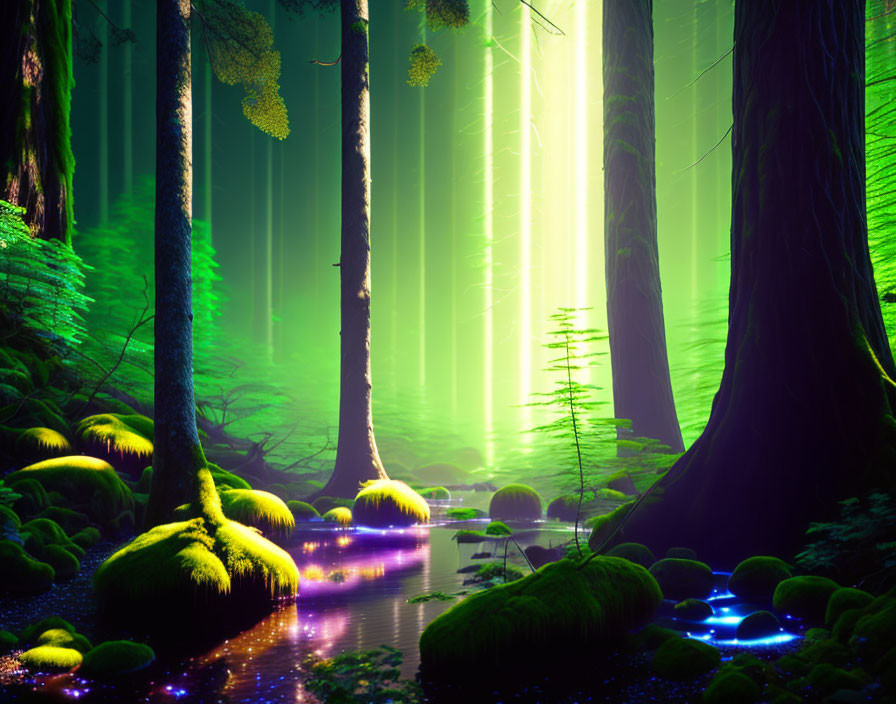 Enchanting forest scene with glowing plants, large trees, and ethereal green light.