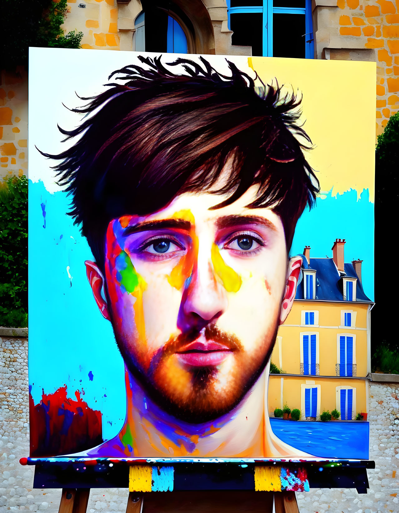 Colorful portrait of a bearded man on easel with bright, dripping colors and cityscape background