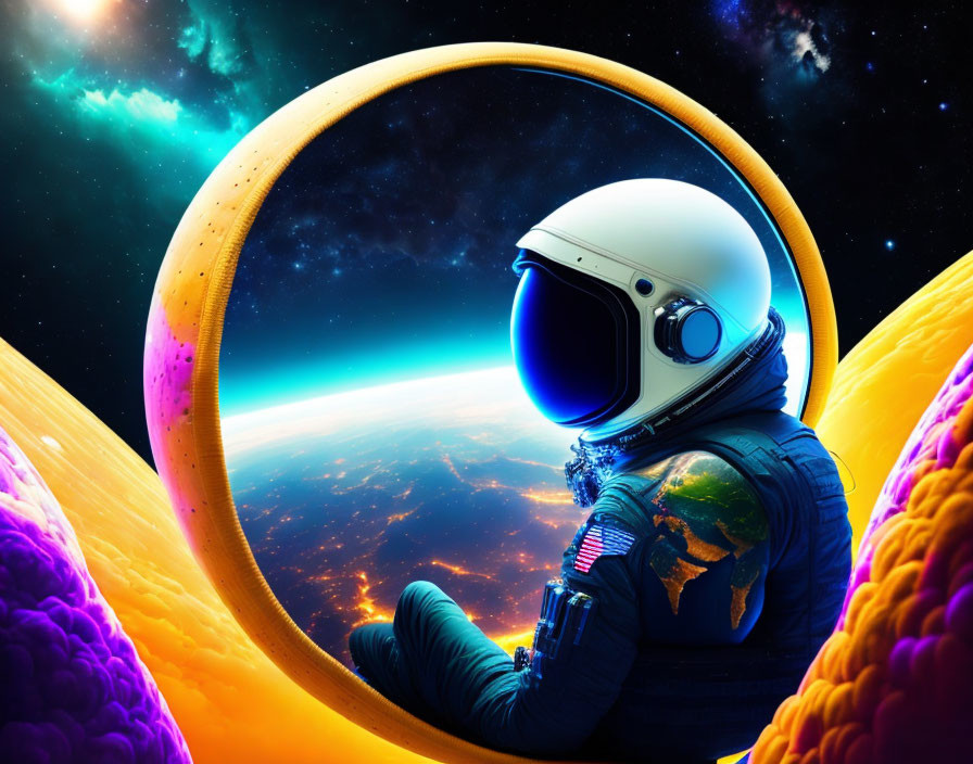 Astronaut in surreal space scene with colorful celestial bodies and Earth view