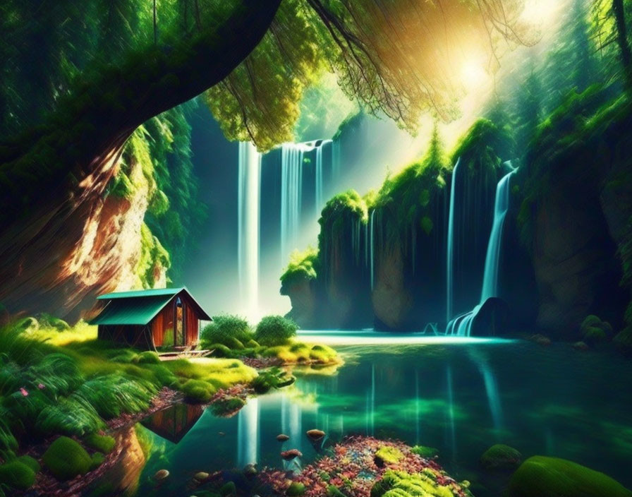 Tranquil Jungle Waterfall Scene with Cabin & Pond