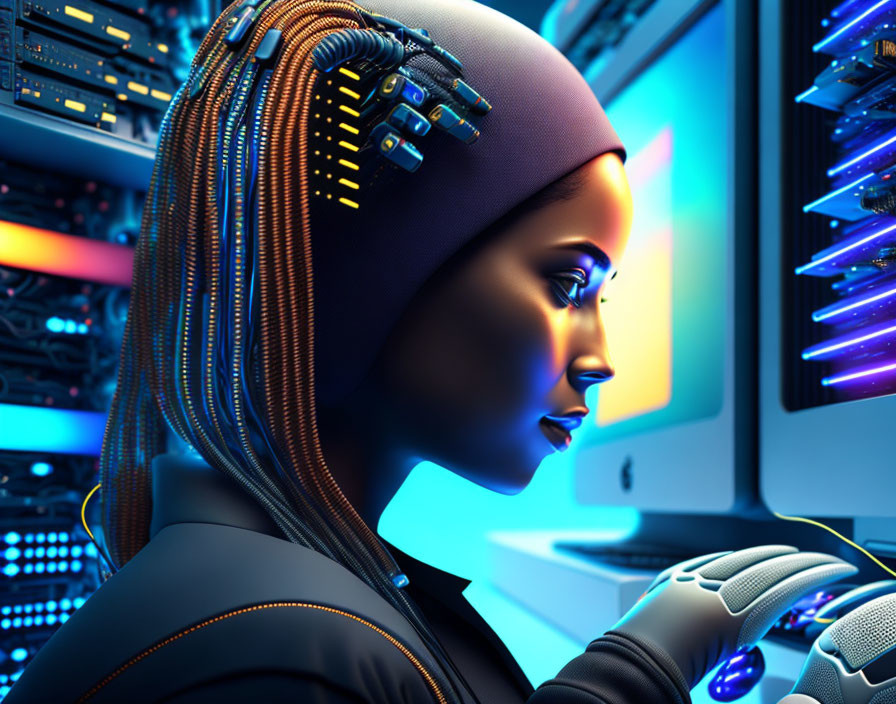 Futuristic female android with cables in digital artwork