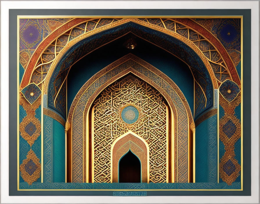 Colorful ornate archway with geometric and calligraphic patterns in blue, gold, and orange