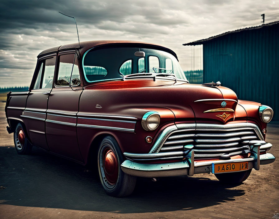 Vintage Red and White Car with Chrome Detailing Under Cloudy Sky