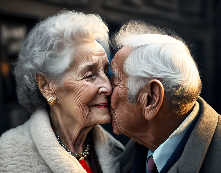 Elderly couple kissing cheek in heartwarming moment