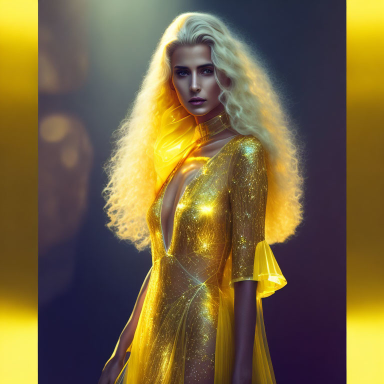 Platinum blonde woman in shimmering gold dress under warm light