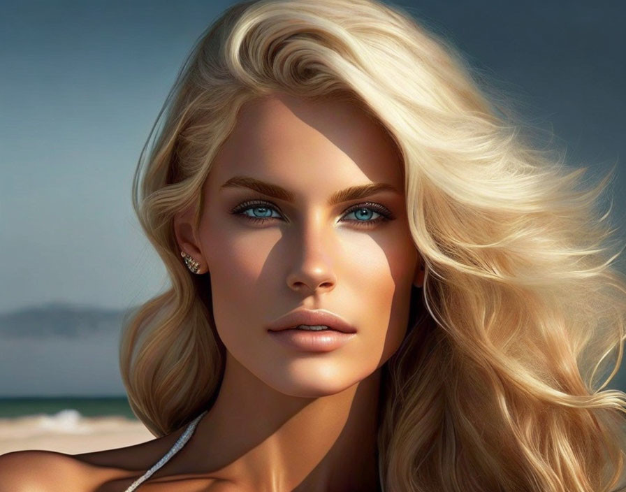 Digital artwork: Woman with blonde hair and blue eyes on beach.